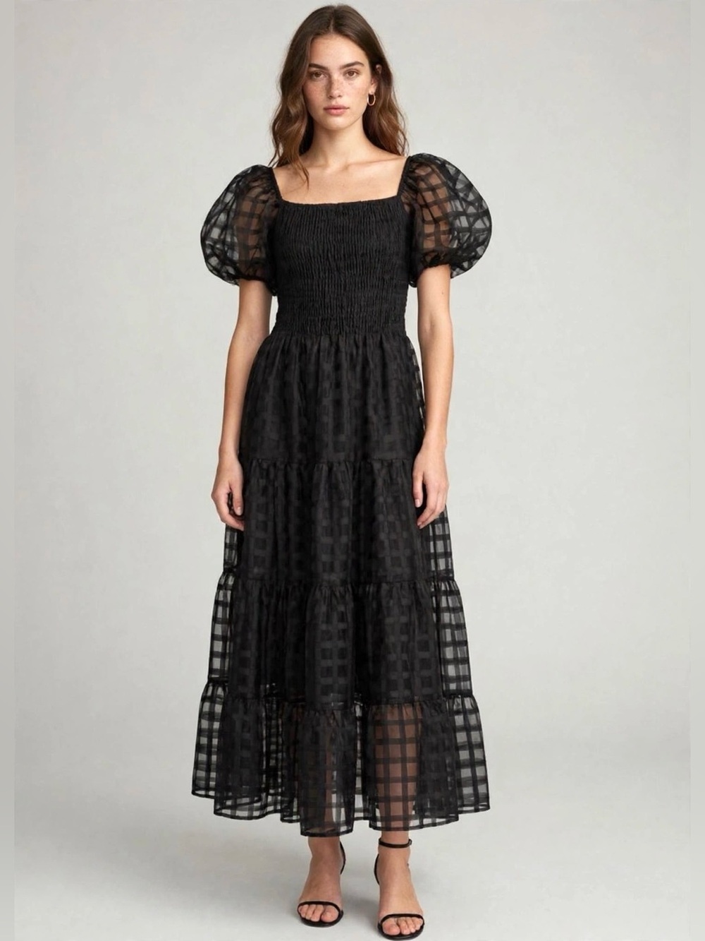 PRETTY GARDEN Smocked Maxi Dress with Puffed Sleeves - Size L